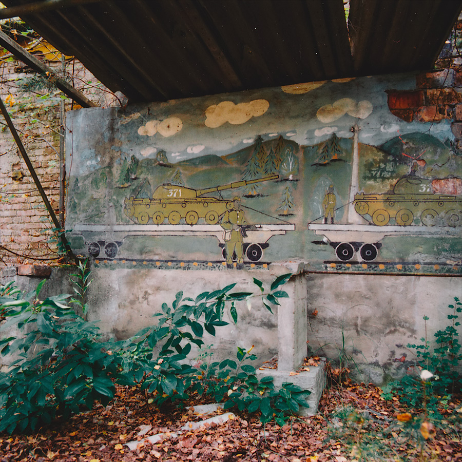 Defence logistics wall deco at Soviet Military Base FZ. Former DDR, Germany. October 2014.